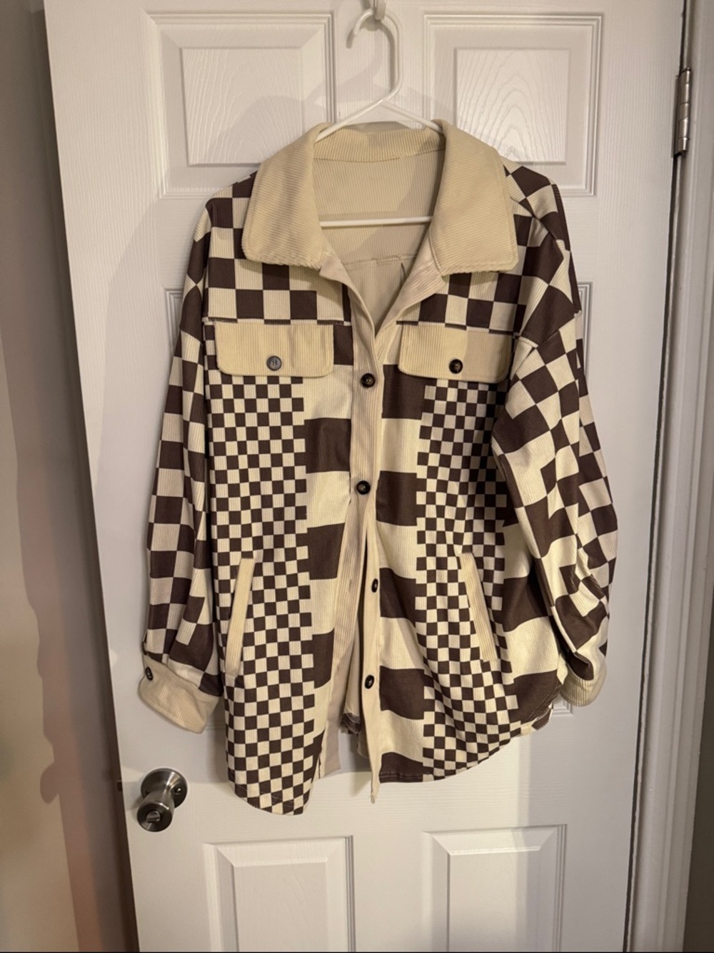 Checkerboard Button-Up Shacket in Cream and Brown oversized